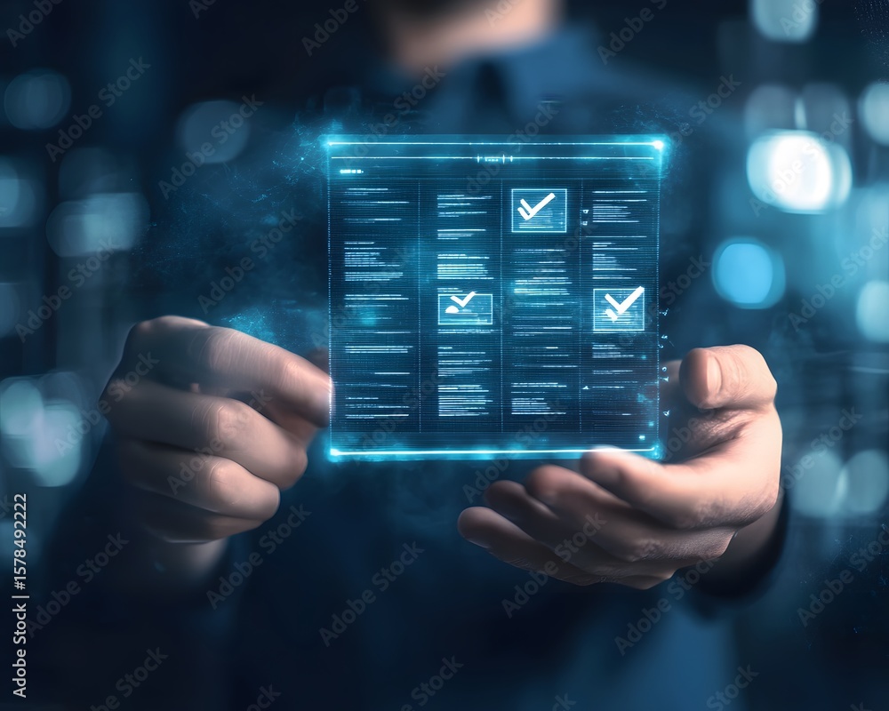 Poster a man holds a glowing holographic interface displaying data and checklists, representing modern tech