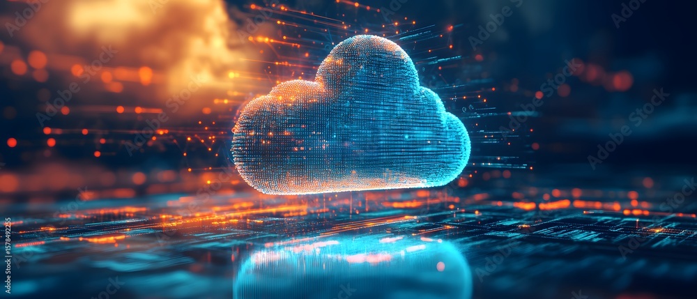 Poster a mesmerizing digital cloud symbolizing data storage and connectivity, surrounded by vibrant streams