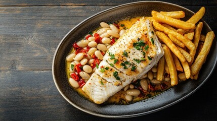 Pan-seared white fish with crispy fries and beans