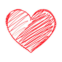 Crayon doodle icon of a heart symbol, drawn with uneven lines and red crayon texture, casual hand-drawn style.