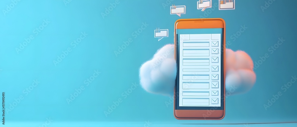 Poster a modern smartphone displaying a digital cloud interface with notifications hovering above. ideal fo