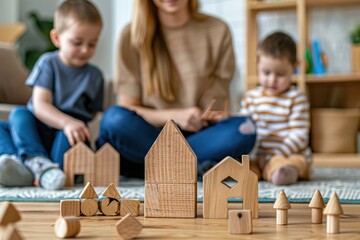 Fototapeta premium Nurturing creativity: Children building structures with wooden blocks under supervision