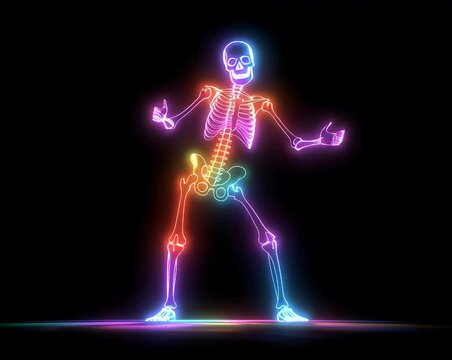 Seamless animation of glowing dancing skeleton. Funny halloween background with rainbow neon flare echo effect. Halloween Party