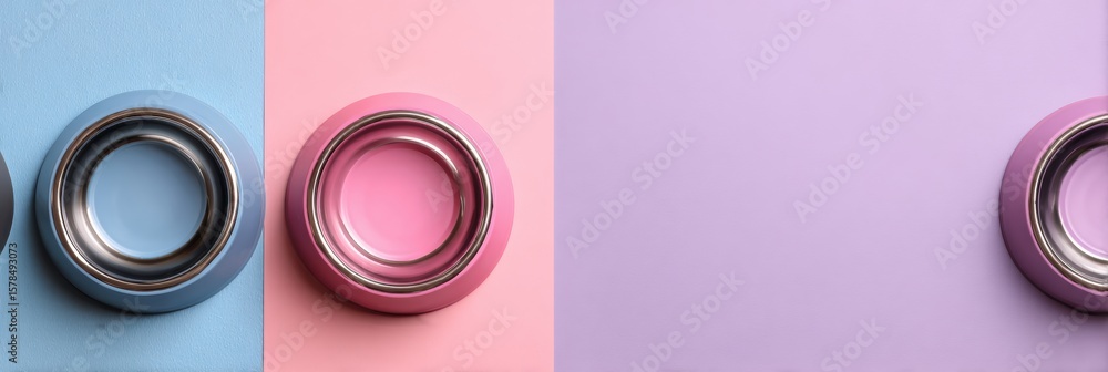 Poster creative pet bowl setup on pastel background with empty space above bowls for design flexibility and