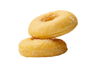 Side view of two brown sugar glazed cinnamon donuts in stack isolated with clipping path in png file format
