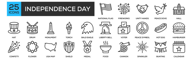 Independence Day icon set collection. Containing design National Flag, Fireworks, Unity Hands, Peace Dove, Independence Hall