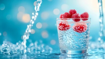 Close-up of Raspberries in Sparkling Water with Water Pouring on the Sides. - Powered by Adobe