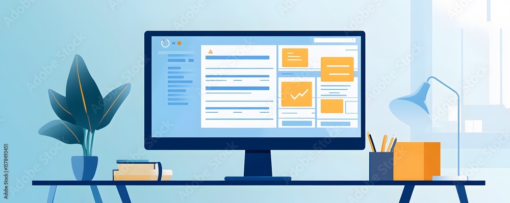 Poster a sleek workspace featuring a modern computer displaying analytics on a bright screen, complemented 