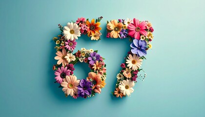 Number 67 made out of flowers with colored background. Photo for 67th birthday or anniversary party