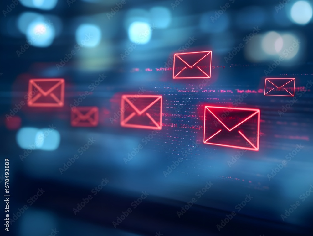 Poster a visually striking digital representation of email notifications, showcasing a series of glowing re