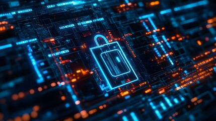 Obraz premium A vibrant representation of digital security, featuring a glowing padlock icon amidst a circuit board background