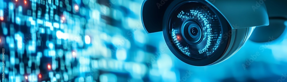 Poster close-up of a security camera with a digital background, emphasizing surveillance and modern technol