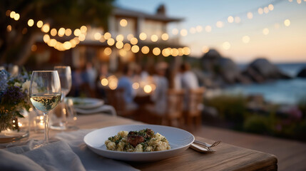 Family Gathering at Outdoor Table with String Lights at Dusk