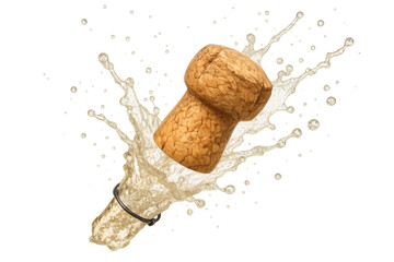 Champagne cork popping out of a bottle with a splash of sparkling wine on a transparent background, perfect for celebratory designs