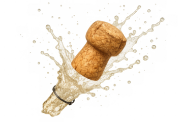 Champagne cork popping out of a bottle with a splash of sparkling wine on a transparent background, perfect for celebratory designs
