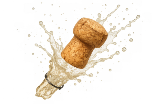 Champagne cork popping out of a bottle with a splash of sparkling wine on a transparent background, perfect for celebratory designs