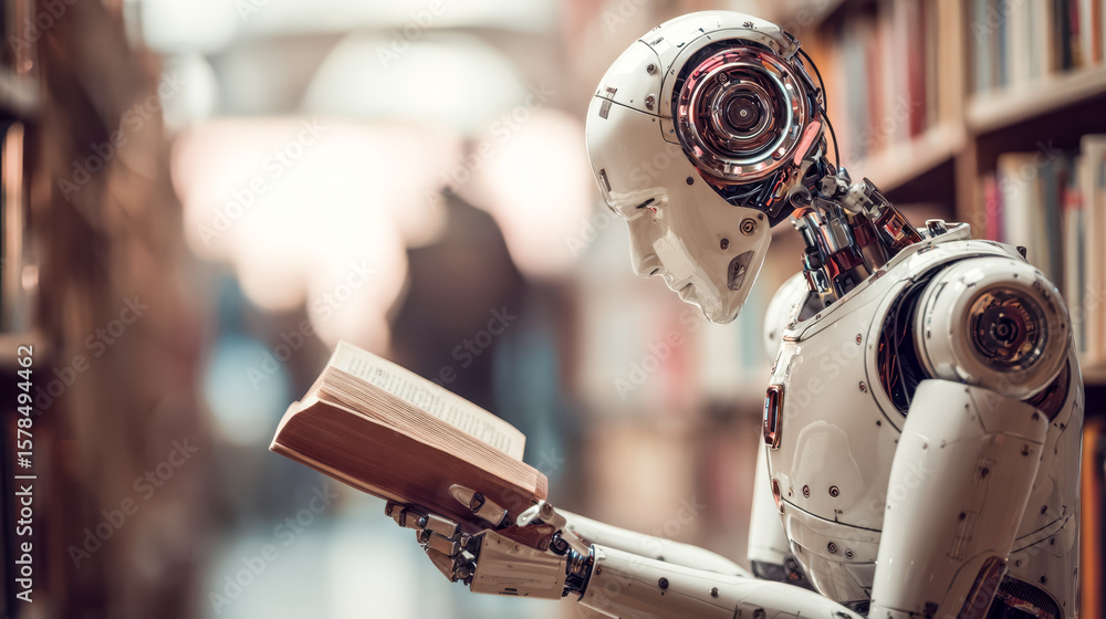 Poster humanoid robot reading a book in a library