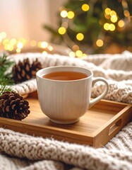 Cozy Winter Scene with Tea and Pine Cones