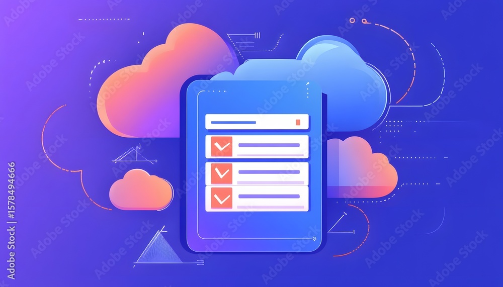 Aufkleber this image illustrates a digital checklist within a cloud environment, featuring vibrant colors and 