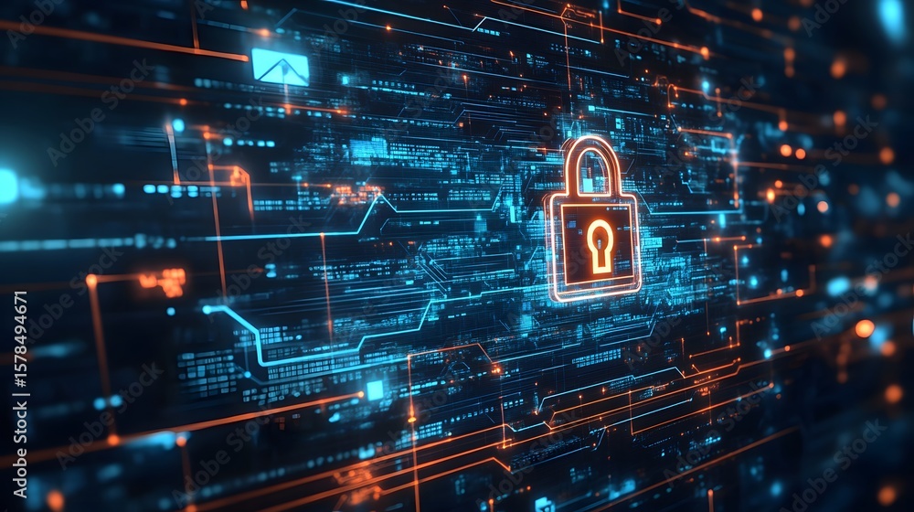 Poster this image portrays a digital lock symbol, representing cybersecurity and data protection. it featur