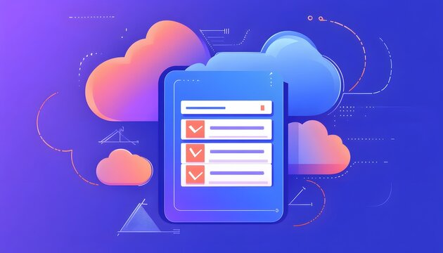 This image illustrates a digital checklist within a cloud environment, featuring vibrant colors and symbols, representing modern task management and cloud computing solutions.