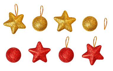 Collection of Christmas toys. Set of gold and red Christmas tree toys in the form of stars and balls on a white background. Design element for festive compositions, cards, invitations, frames.