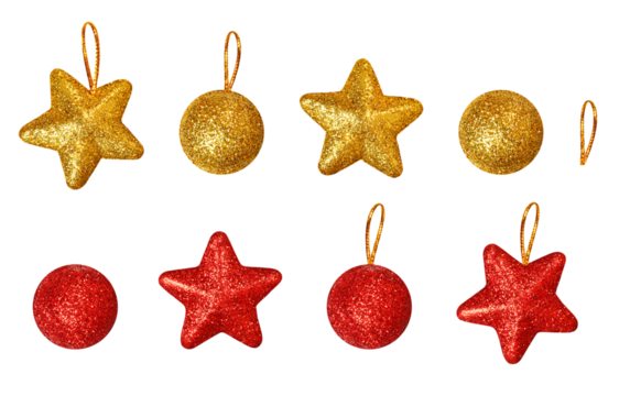 Collection of Christmas toys. Set of gold and red Christmas tree toys in the form of stars and balls on a white background. Design element for festive compositions, cards, invitations, frames.