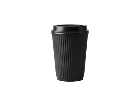 Stylish black and brown coffee cups with lids and ribbed sleeves, perfect for takeaway, travel mugs, and cafe branding mockups. Isolated on transparent background for easy use.