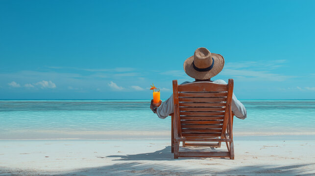 Serene Beach Getaway: A person enjoys a tropical drink while lounging in a beach chair, gazing out at the ocean, embodying the essence of a relaxing vacation, peaceful escape, and tranquil lifestyle.