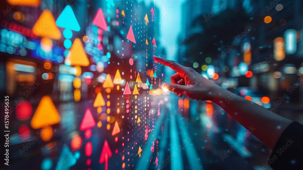 Poster hand interacting with a futuristic digital interface displaying upward trends.