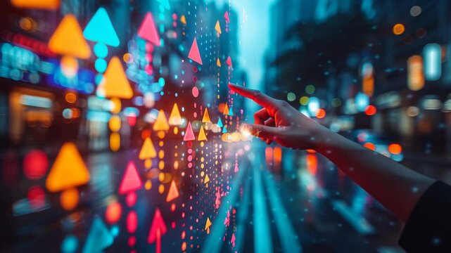 Hand Interacting with a Futuristic Digital Interface Displaying Upward Trends.