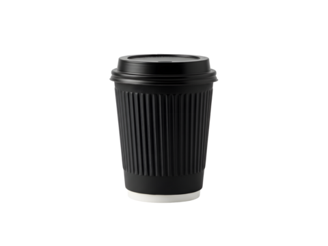 Stylish black and brown coffee cups with lids and ribbed sleeves, perfect for takeaway, travel mugs, and cafe branding mockups. Isolated on transparent background for easy use.
