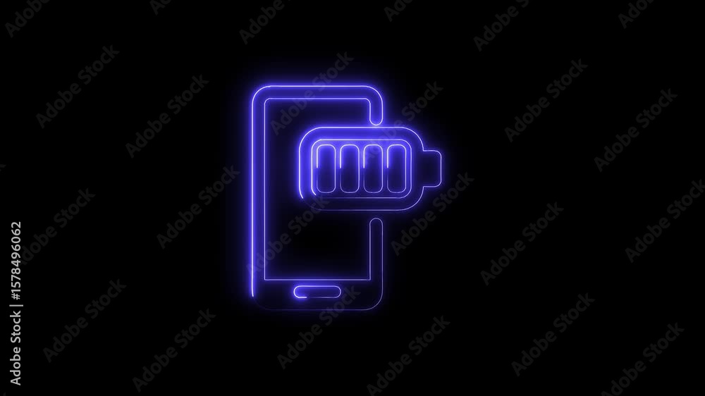 Poster neon mobile phone with full battery indicator on a black background digital display