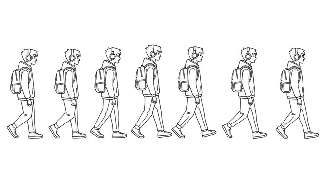 Person walks in animation cycle wearing headphones. Sequential character movement, frame animation, step cycle, walking animation.