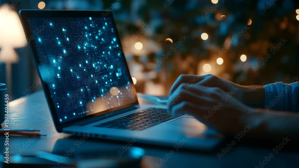 Poster person typing on a laptop with a digital network display on screen.