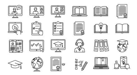 Set of outline icons related to online education and learning. Educational tools, e-learning, digital studies, virtual courses, internet lectures.