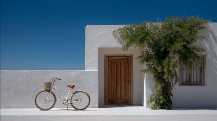 Vintage bicycle against a white wall with ivy and wooden door