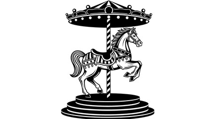 Black and white drawing of a carousel horse. Vintage, fairground, merry-go-round, nostalgia, childhood.