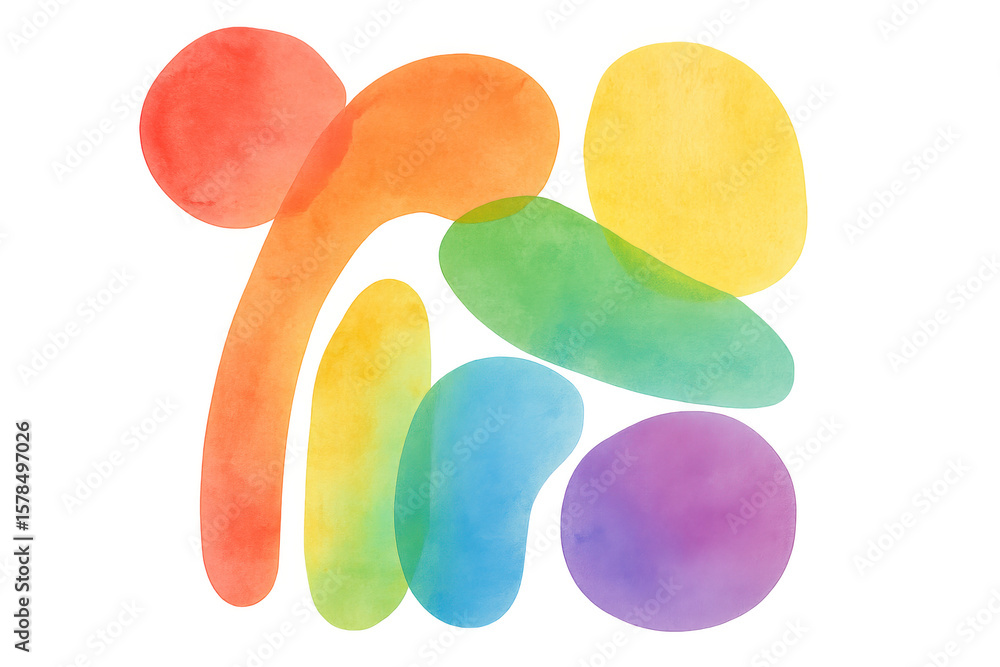 Poster watercolor blobs spreading vibrant rainbow colors, forming fluid artistic shapes on transparent surf