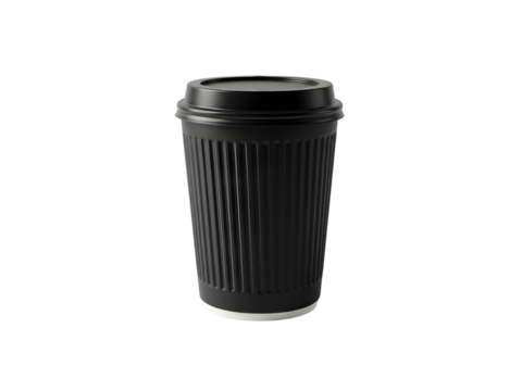 Stylish black and brown coffee cups with lids and ribbed sleeves, perfect for takeaway, travel mugs, and cafe branding mockups. Isolated on transparent background for easy use.