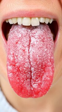 Close Up of Human Tongue Textured Surface and Coating Indicate Potential Health Issues and Oral Concerns