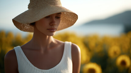 A woman walks through a golden sunflower field in the breeze