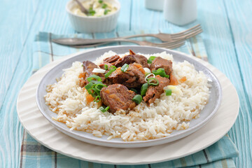 beef slow cooked with gravy served over rice