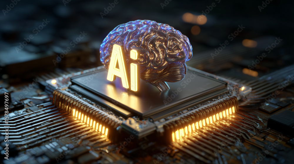 Poster a processor surrounded by illuminated circuits in shape of brain, the word 