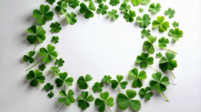 Overhead view of many green four-leaf clovers arranged in a circular frame, symbolizing luck and festive occasions with a blank white center.