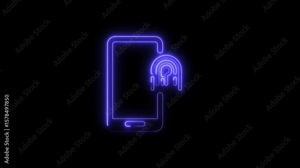 Poster fingerprint scan identification on mobile phone technology neon style security authentication on bla