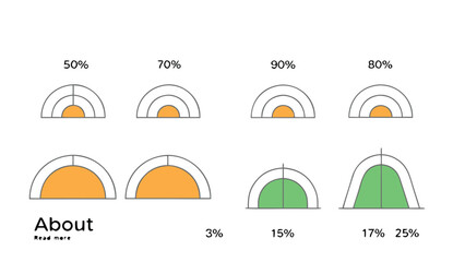 Colorful semicircle infographic chart elements with percentage data visualization in modern flat minimal style
