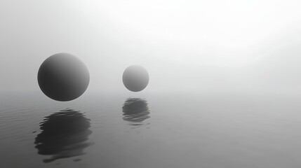 Two gray spheres over misty water