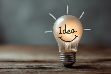 Light Bulb with Idea Text and Smile, Symbolizing Creative Thinking