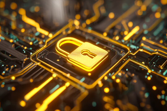 Digital security concept featuring a glowing lock on a circuit board